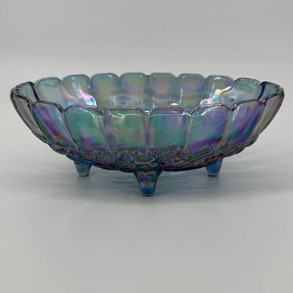VTG Indiana Carnival Glass Iridescent Blue Harvest Grape Oval Footed Fruit Bowl